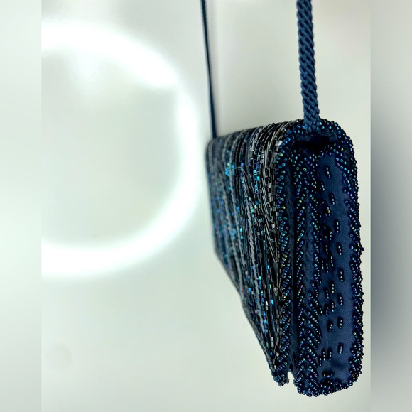 Vintage 1960s Genie Cross Body Beaded Purse Black/Navy Blue/Silver Evening Bag - Picture 12 of 16